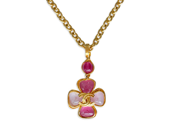 Chanel 96P Vintage Pink Gripoix Flower CC Pendant Necklace