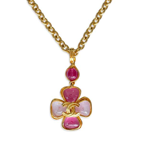 Chanel 96P Vintage Pink Gripoix Flower CC Pendant Necklace