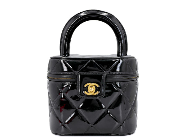 Chanel Vintage Black Patent Vanity Case Top Handle Bag 24k GHW
