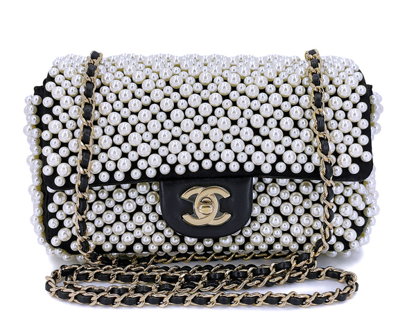 Rare 2019 Chanel Black Pearl Studded Mini Classic Flap Bag GHW