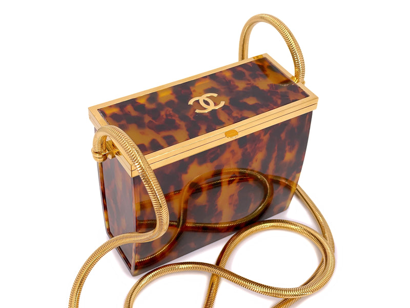 Chanel 1997 Tortoise Minaudière 24k Gold Plated Jumbo Snake Chain Evening Box Bag
