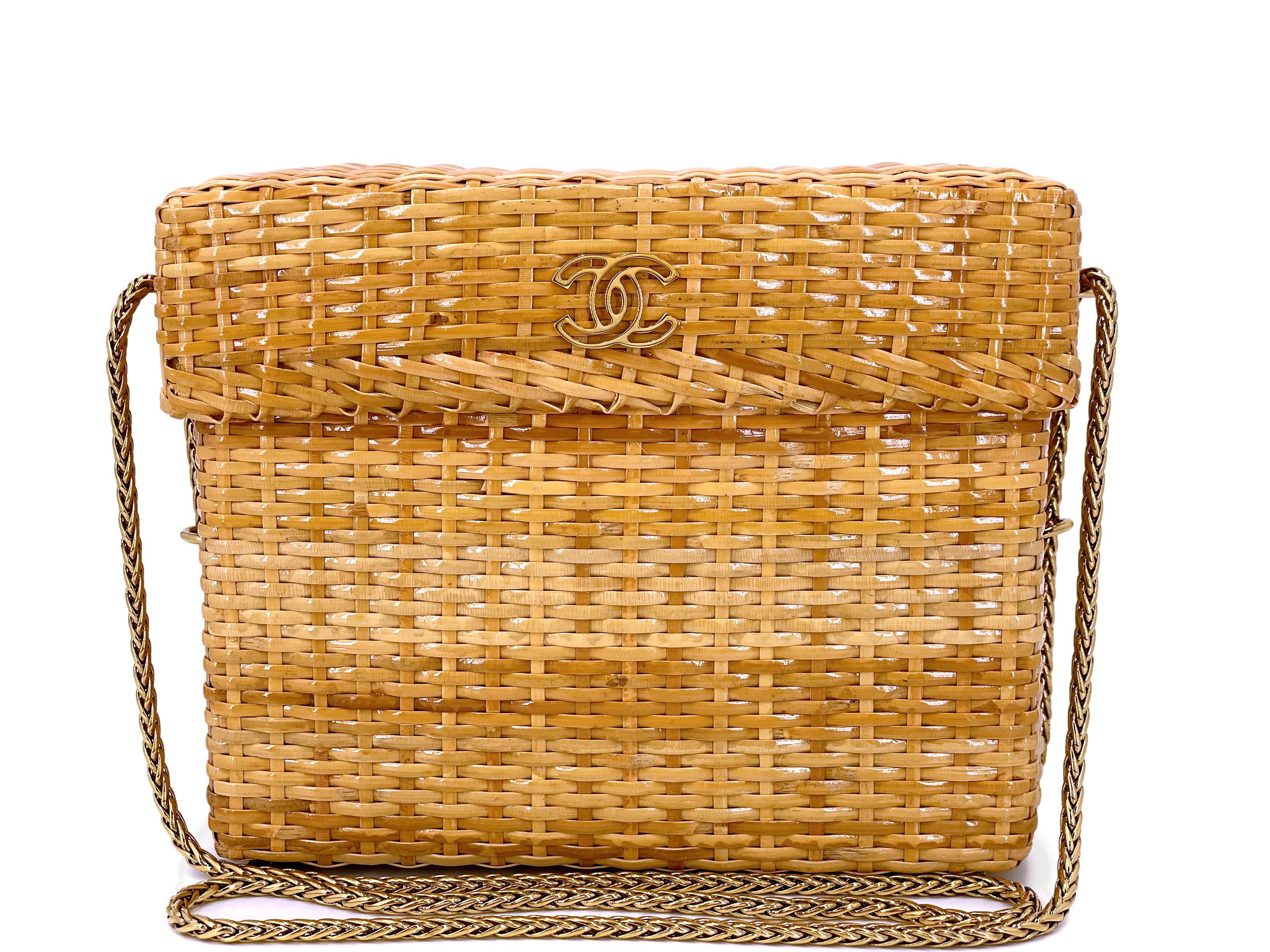 CHANEL Bag Black Vintage Wicker Picnic Lunch Basket Gold Chain Strap
