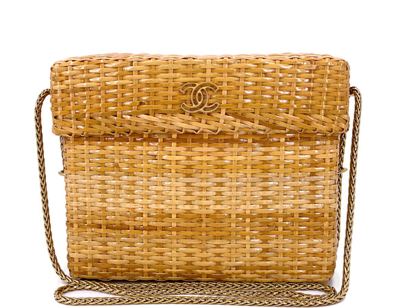 Chanel Vintage Wicker Mini Picnic Basket Rattan Bag w Chain