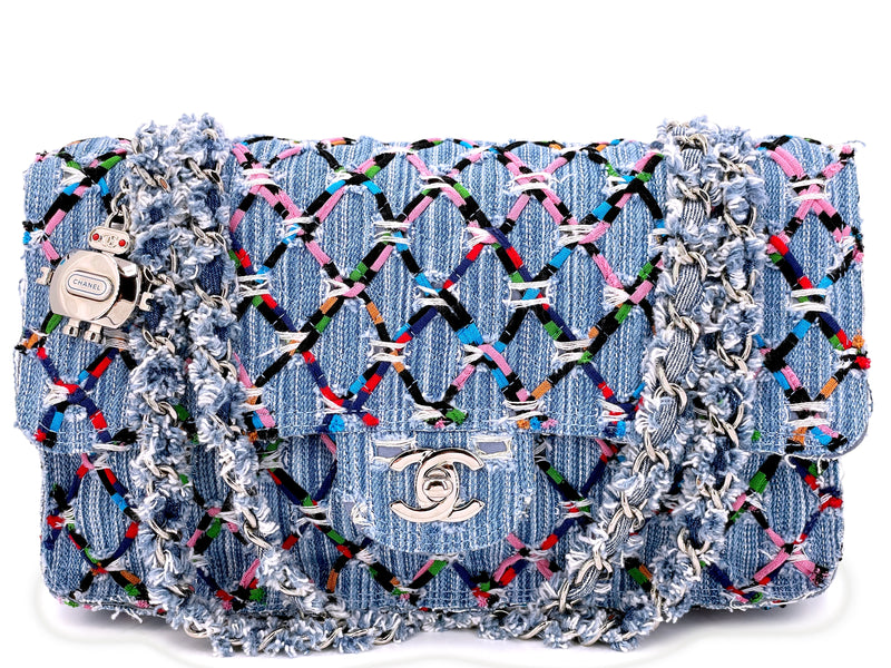 Chanel 17S Denim Rainbow Stitched Robot Charm Medium Flap Bag