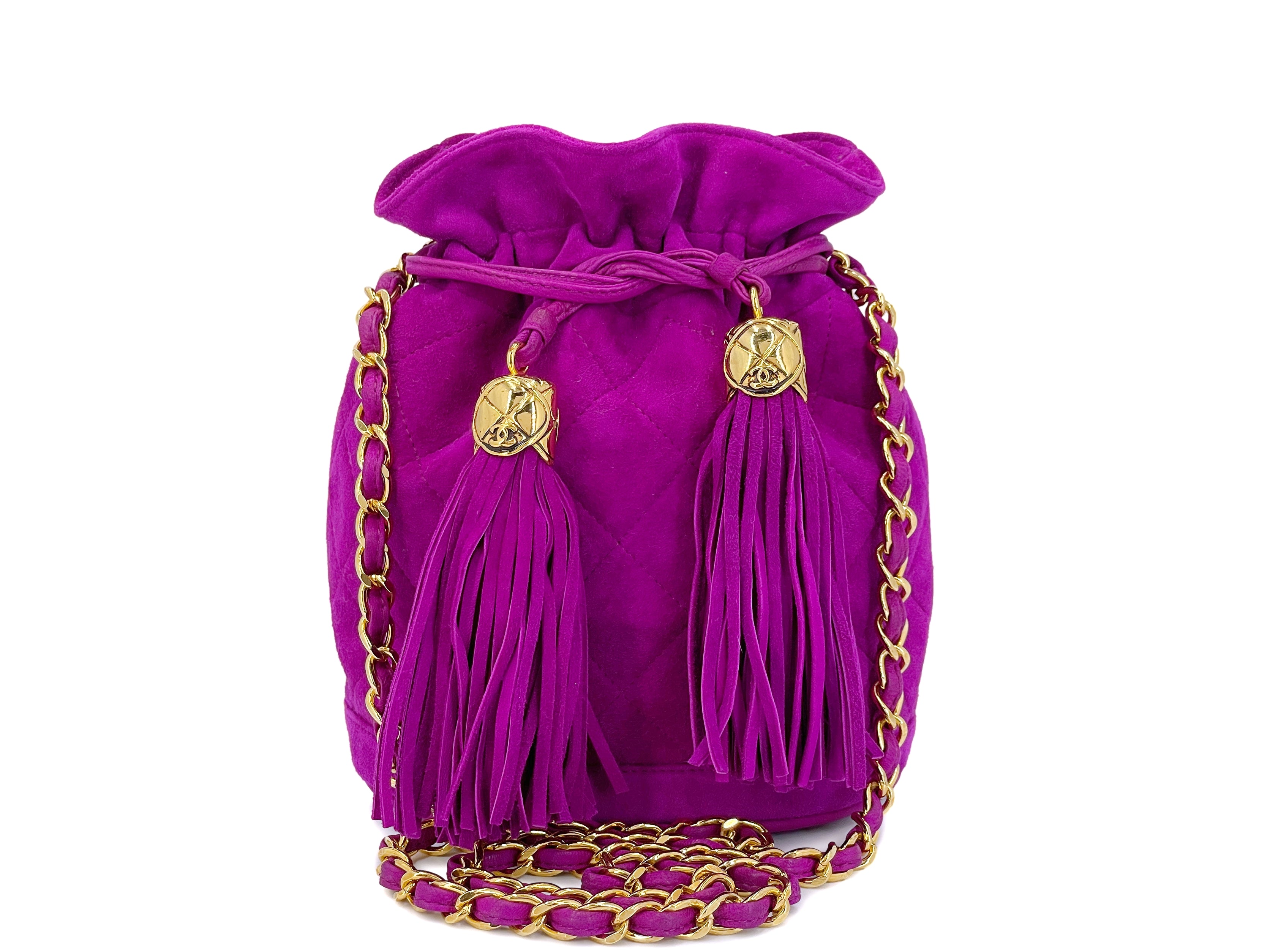Rare Chanel 1990 Pink-Purple Suede Mini Drawstring Bucket Bag 24K GHW