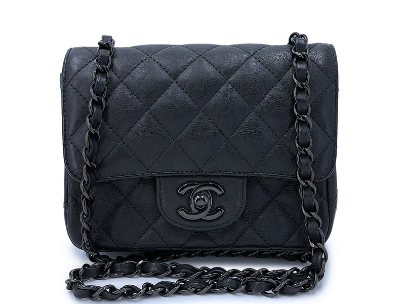 Rare Chanel So Black Crumpled Calfskin Classic Square Mini Flap Bag