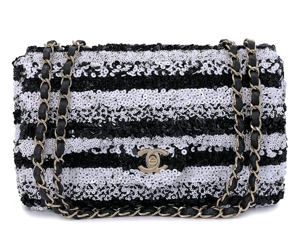 Chanel 19C Black White Sequin Medium Classic Flap Bag GHW
