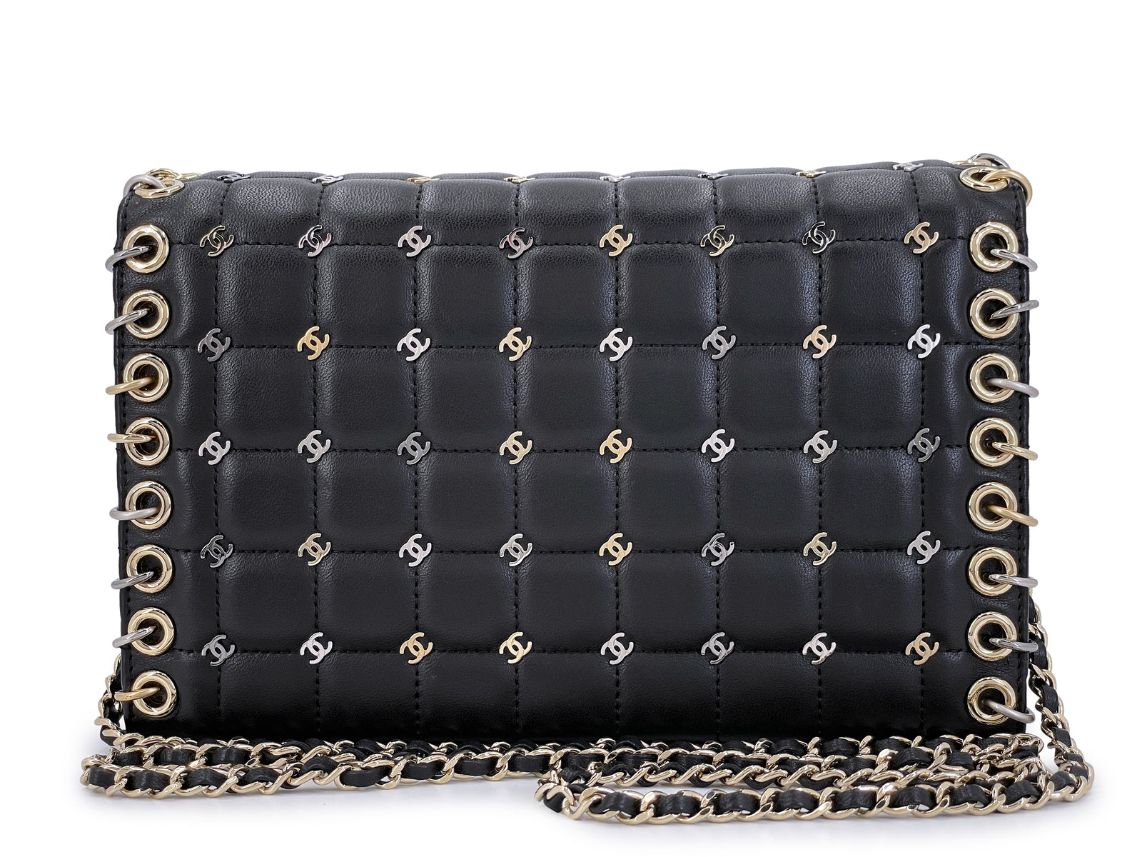 Chanel CC Studded Bag Pristine 16b Black Punk Piercing Clutch On Chain Les