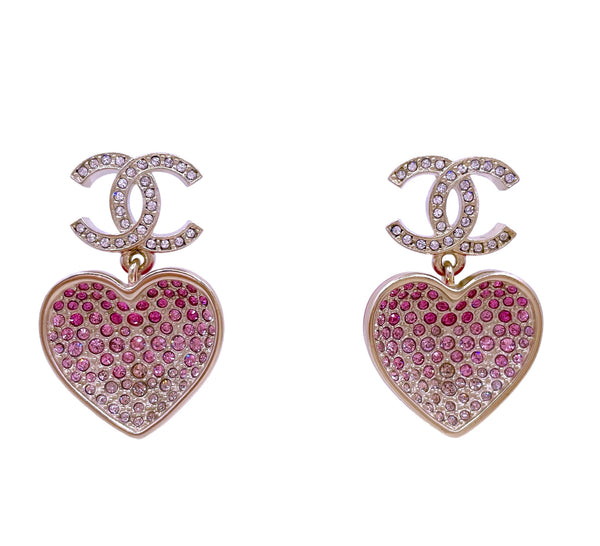 Chanel 21A Coco Neige Pearl Heart Crystal CC Dangle Drop Earrings