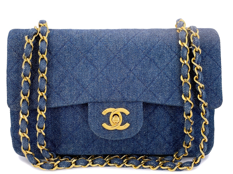 Chanel 1990 Vintage Blue Denim Small Classic Double Flap Bag 24k GHW