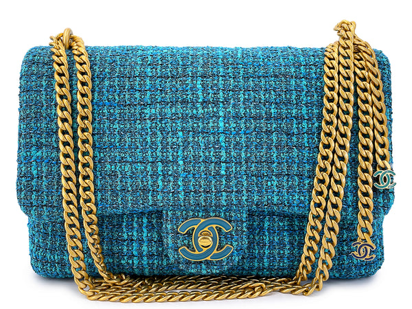 Chanel Rare Teal Blue Tweed Enamel CC Tassel Classic Flap Bag GHW