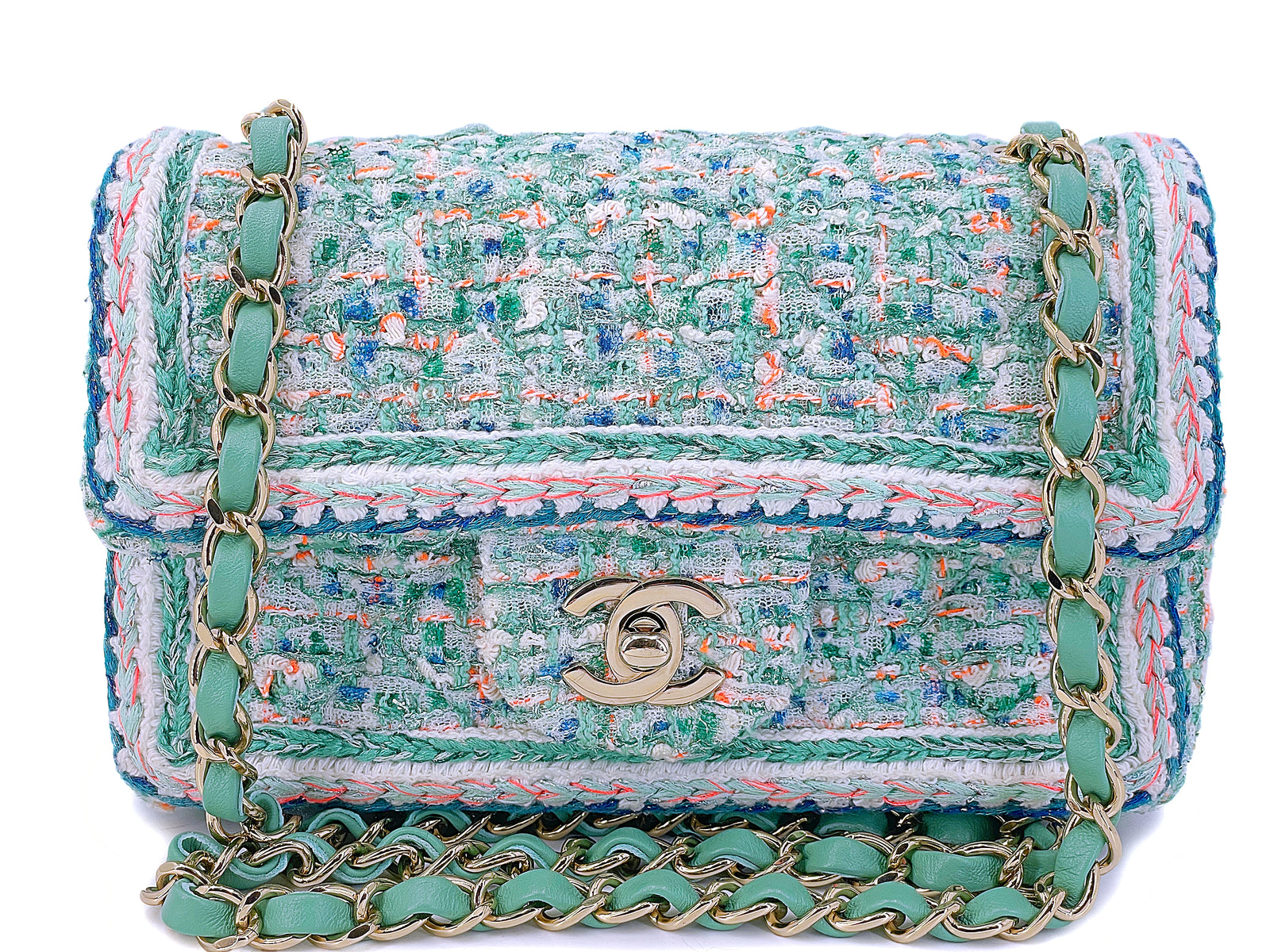 Chanel 2019 Pastel Green Pink Framed Tweed Rectangular Mini Flap 