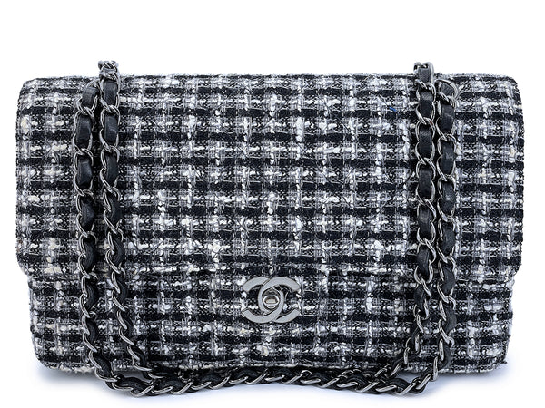 Chanel Vintage 2004 Black White Tweed Medium Classic Double Flap Bag SHW