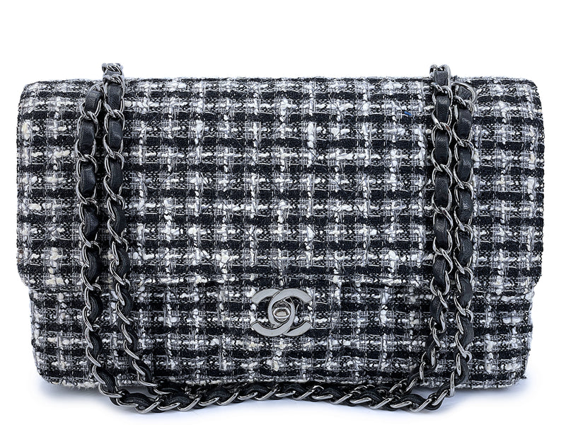 Chanel Vintage 2004 Black White Tweed Medium Classic Double Flap Bag SHW