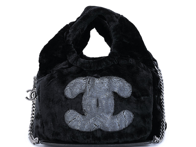 Rare Chanel 2010 Black Logo Fur Hobo Tote Bag SHW