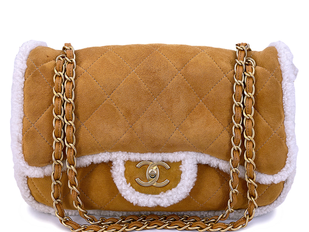 Chanel 2018 Coco Neige Jumbo Camel Caramel Suede Shearling Flap