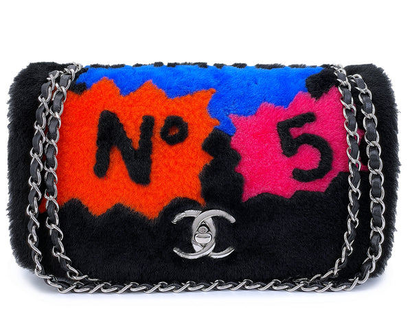 Rare Chanel 2014 Supermarket Comic Black Multicolor Shearling Flap Bag