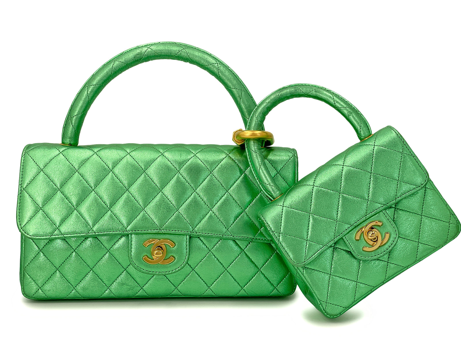 Chanel 1994 Vintage Parent Child Bag Kelly Flap Set Metallic Green