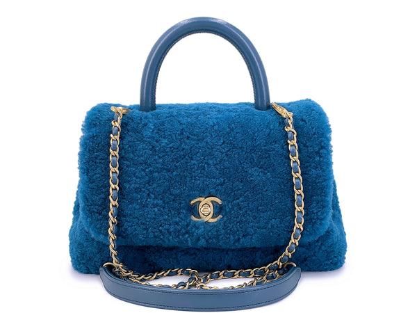Chanel Teal Blue Shearling Fur Small Coco Handle Flap Bag GHW