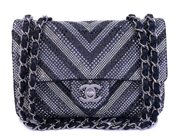 Rare Limited Chanel 2015 Black Chevron Swarovski Crystal Rectangular Mini Flap Bag