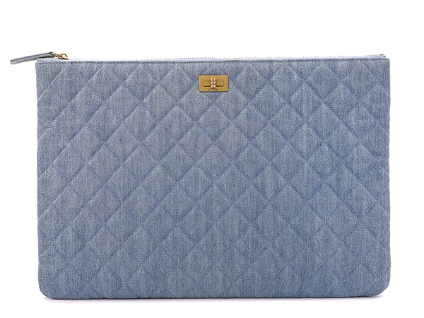 Chanel Blue Denim Large O Case Clutch Bag