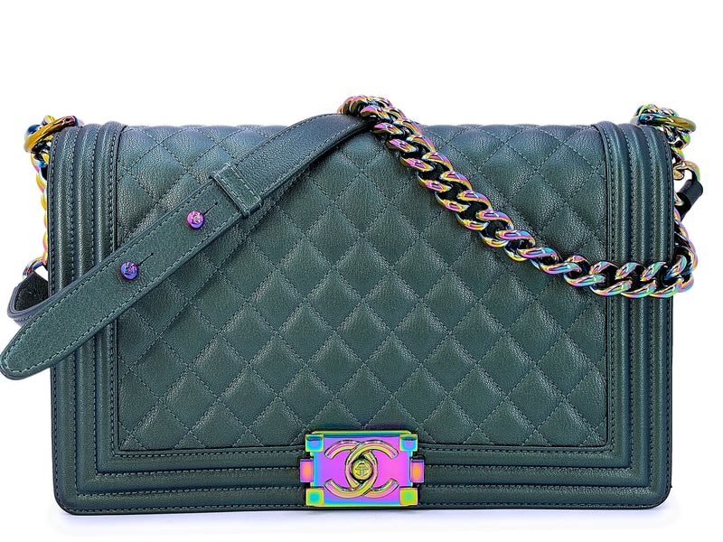 Chanel 16C Iridescent Green Medium Boy Flap Bag Rainbow HW