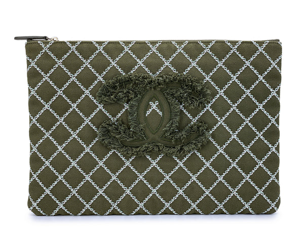 Chanel Khaki Green Contrast Stitch CC Large O Case Clutch Bag