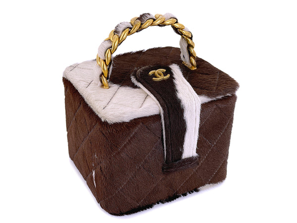 Rare Chanel Vintage Cow Print Pony Hair Mini Cube Vanity Case Bag
