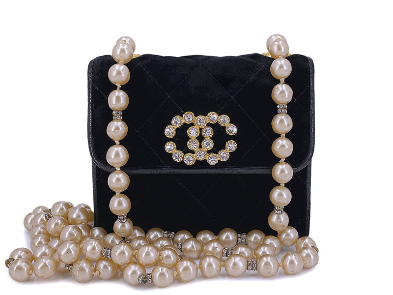 Chanel 1991 Vintage Black Quilted Velvet, Strass and Pearl Evening Bag 24k GHW