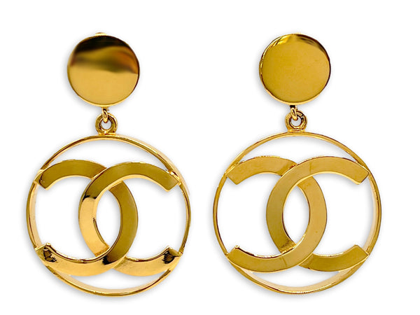 Chanel Vintage 1989 Large Gold CC Medallion Earrings