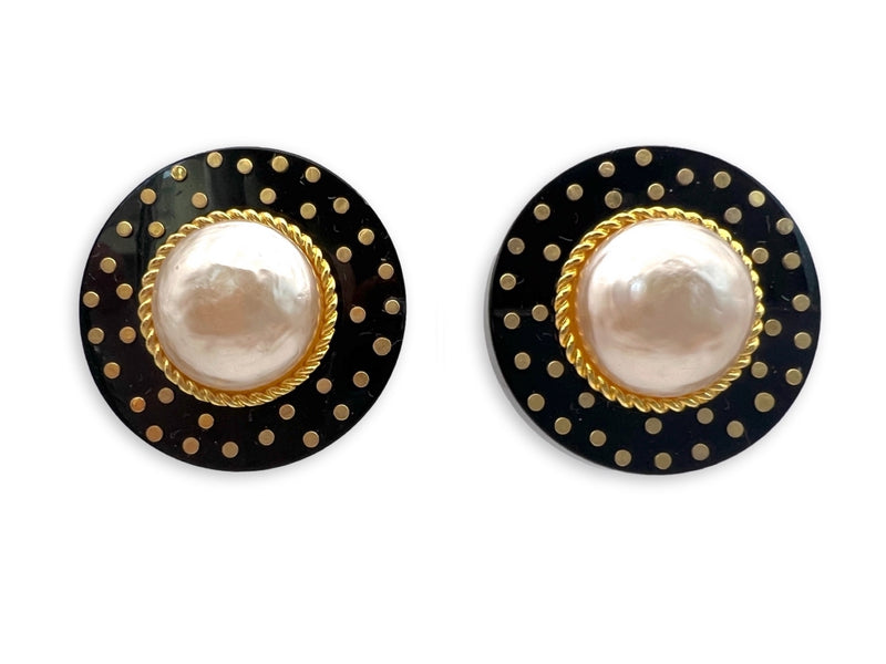 Chanel Vintage Large Pearl Black Studded Frame Giant Stud Earrings Collection 26