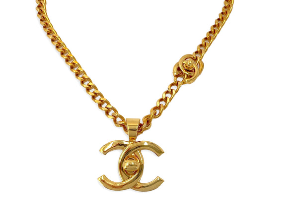 Vintage Chanel Gold Plated Hanging Green Gripoix and CC Pendant Necklace