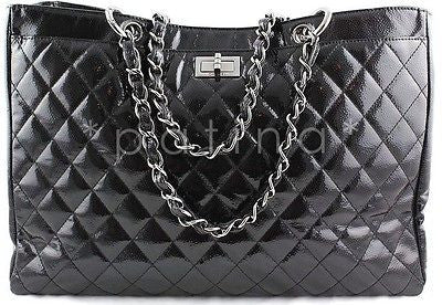 Chanel Black Patent Quilted Caviar Diamond Shine XL Shopper Tote Bag - Boutique Patina